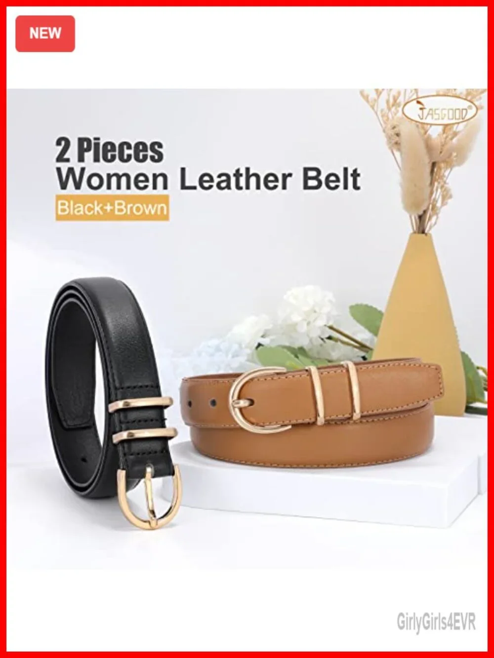 2 Pack Faux Leather Belt for Women with Gold Buckle, Adjustable Waist Belt for